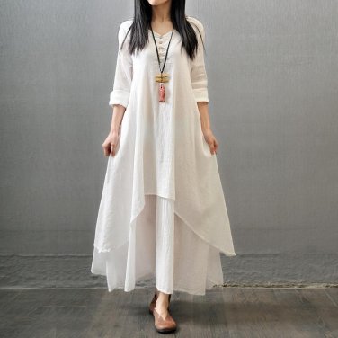 Vintage Women Double Layers Long Spring Fall Loose Linen Maternity Tops Maxi Tunic White Red Dress B