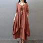 Vintage Women Double Layers Long Spring Fall Loose Linen Maternity Tops Maxi Tunic White Red Dress B
