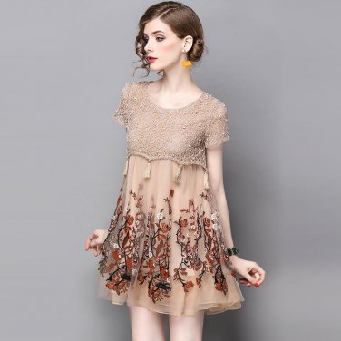 WYG High Quality Flower Mesh Embroidery Dress 2017 Summer A Line Tassel Beading Double Layer Women M