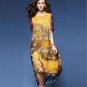 2017 National Wind Loose Print Dress Scoop Neck Yellow Fake Silk Maxi Dress For Women Layered Maxi F