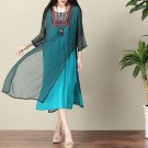 ilstile 2017 Vintage Women 3/4 Sleeve Embroidery Long Dress Summer Double Layered Split Casual Loose