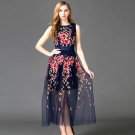 New Arrival 2017 Women\'s O Neck Sleeveless Embroidery Flowers Layered Tulle Elegant Long Runway Dre