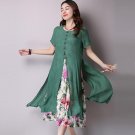 Cotton Linen Dress 2018 summer Women Vintage O Neck Short Sleeve Two Layers High Split Floral Print 