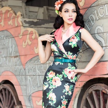 le palais vintage Double Layer Shawl Collar Dress Silk Stretch Damassin Fabric Floral Printed High R