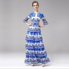 Top Quality 2017 New Fashion Half Flare Sleeve Blue and White Print Series Multi Layer Cake Long Max