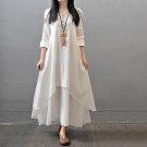 Women Autumn Casual Loose Long Sleeve Cotton Linen Boho Long Dress Party Maxi Asymmetrical Two layer