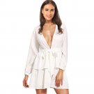 Sexy v neck white ruffle dress Women long sleeve ruffles layered sundress Femme casual party dresses