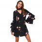 2018 Choker Neck Layered Flare Sleeve A Line Dress Black Floral Autumn Dress Long Sleeve V Neck Sexy