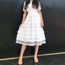 Women summer dress 2017 lace trims white beach dress short sleeve elastic waist pleated ruched multi