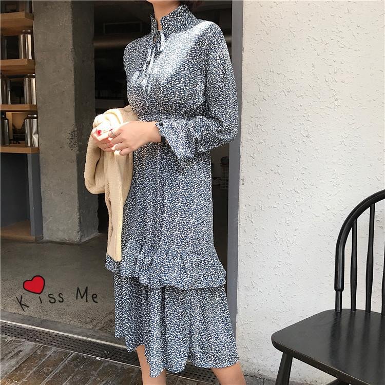 New Spring Women dress Stand Neck Print Small Collect Waist C102 Cake Layer Dresses Light Blue 9162