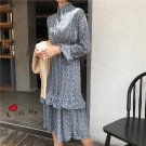New Spring Women dress Stand Neck Print Small Collect Waist C102 Cake Layer Dresses Light Blue 9162