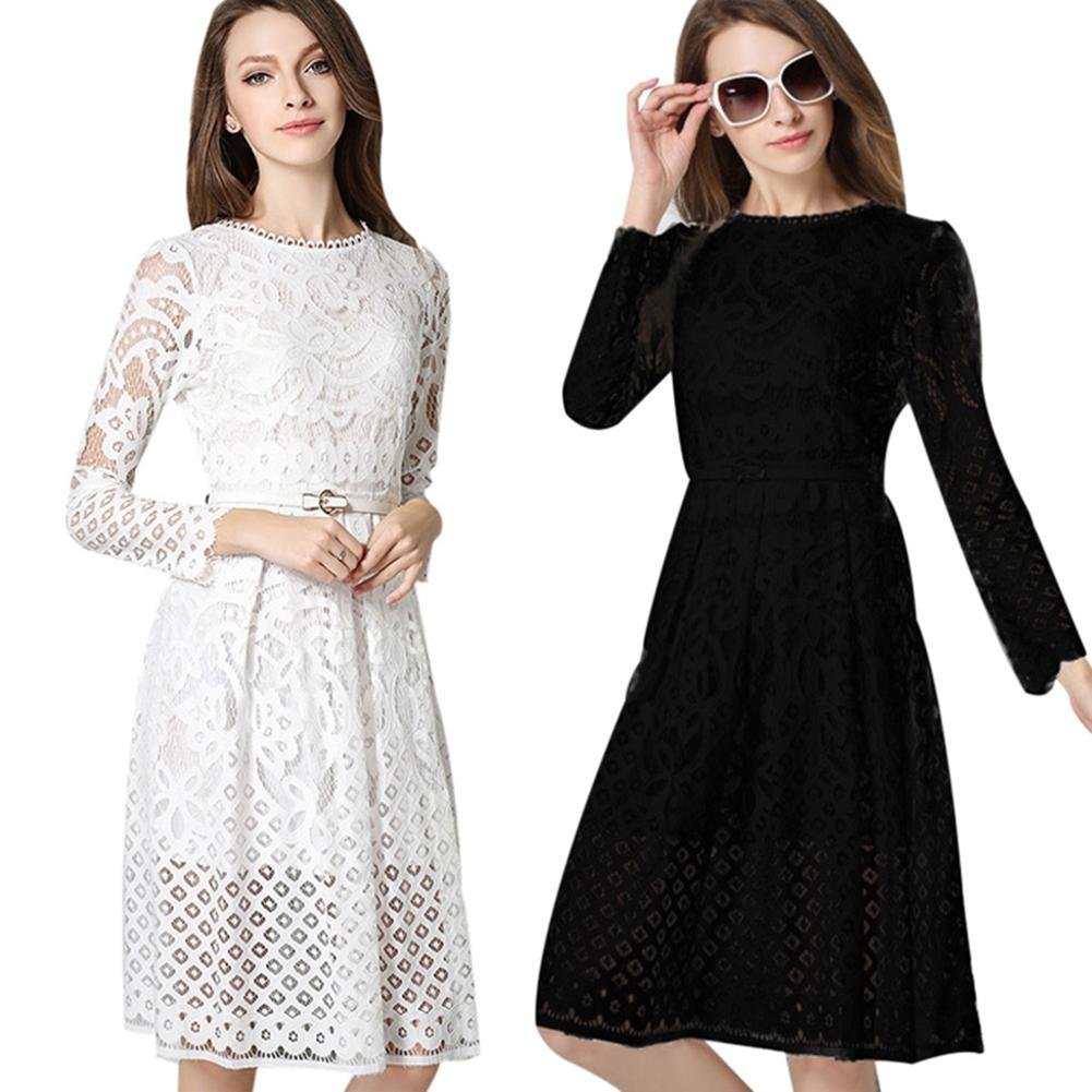 Women Fashion Casual Elegant Lace Splice Multi Layer High Wiast Dress Hollow Out Long Sleeve Slim Pa