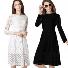 Women Fashion Casual Elegant Lace Splice Multi Layer High Wiast Dress Hollow Out Long Sleeve Slim Pa
