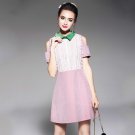 Contrast Collar Cold Shoulder Dress Lace Layering Short Sleeve Striped Party Mini Cotton Dresses Plu