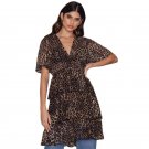 Brown leopard print short sleeve V neck tiered ruffle mini dresses for women ladies high waisted lay