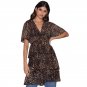 Brown leopard print short sleeve V neck tiered ruffle mini dresses for women ladies high waisted lay