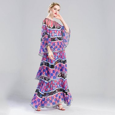 2018 Spring Summer European American Style Print Batwing Sleeve Cascading Ruffles HIGH QUALITY  S-XX