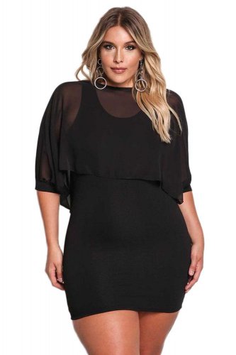 Plus Size Chiffon Layered Ruffles Bodycon Dresses Black White Women Half Sleeve O Neck Slim Mini Par