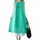Yesno E28 Women Loose Dress Double Layer 100% Linen Swing Casual Scoop Neck Sleeveless Large Hem Lad