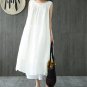 Yesno E28 Women Loose Dress Double Layer 100% Linen Swing Casual Scoop Neck Sleeveless Large Hem Lad