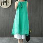 Yesno E28 Women Loose Dress Double Layer 100% Linen Swing Casual Scoop Neck Sleeveless Large Hem Lad