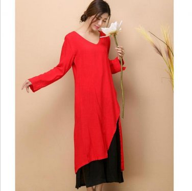 Autumn new slub cotton linen robe drape long sleeve V collar double layer dress