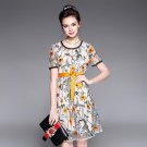 Women Plus Size Summer Dress Floral Embroidery Tie Waist Mesh Layered Short Sleeve Party Dresses L t