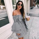 Holiday Off Shoulder Stripe Party Strapless Dress Vestidos Ladies Casual Doulbe layer Flare sleeve D