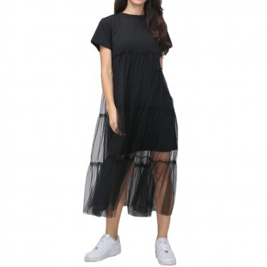 Black Lace Mesh Patchwork Double Layer Dress Women Short Sleeves Casual Dress