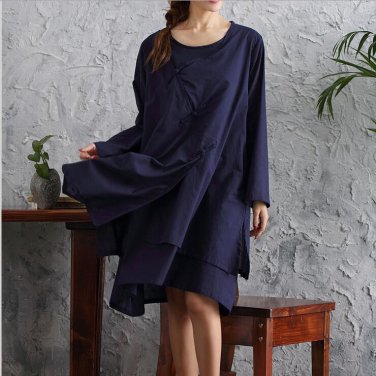 comfortable pure cotton dress long sleeve vestidos double layer frog dress 4 colors