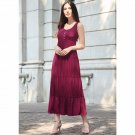 Women Gown Dress Single Breasted Pleated Summer Round Neck Cotton Layer Comfortable Ankle-Length Bea