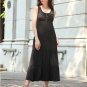Women Gown Dress Single Breasted Pleated Summer Round Neck Cotton Layer Comfortable Ankle-Length Bea