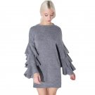 Frill Layered Women Mini Dress Solid Gray Crew Neck Dress Elegant Party Slim Female Mini Dresses