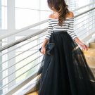 Newest Fashion Women Multi Layers Maxi Long Tulle Clothes Striped Long Sleeve Off-Shoulder Tops+High