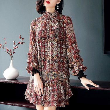 Women spring summer Double layer print ruffles long sleeve short mini chiffon dress Q801017