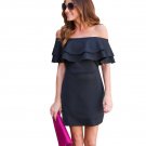 Fashion Double Layered Ruffles Sexy Off Shoulder Slash Neck Women Casual Solid Black Mini Dress Summ