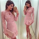 Women Sexy Pink Hollow Lace Long Sleeve Slim Dress Party Evening Dress