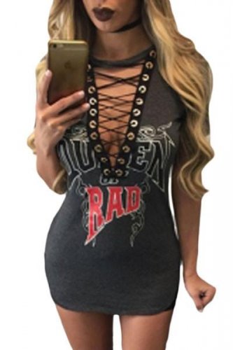 Grey Lace Up V Neck Printed Mini Shirt Dress