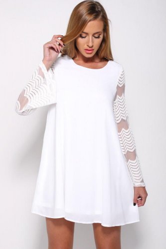 Flared Sleeves O Neck Double Layered White Shift Dress