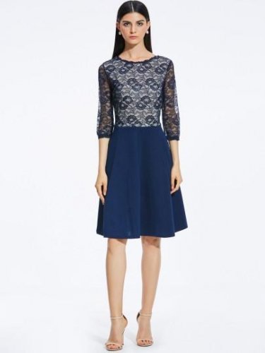 Round Neck Lace Patchwork Women\'s A-Line Dress