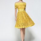 Yellow Short Sleeve Slash Neck Women\'s Lace Dress