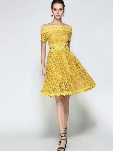 Yellow Short Sleeve Slash Neck Women\'s Lace Dress