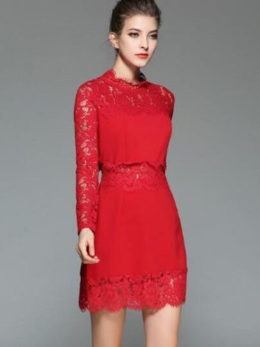 Elegant Long Sleeve Hollow A-Line Women\'s Lace Dress