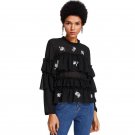 Flower Embroidered Layered Ruffle Top Black Round Neck Long Sleeve Button Plain Chiffon Blouse Women