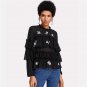 Flower Embroidered Layered Ruffle Top Black Round Neck Long Sleeve Button Plain Chiffon Blouse Women