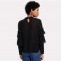 Flower Embroidered Layered Ruffle Top Black Round Neck Long Sleeve Button Plain Chiffon Blouse Women