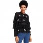 Flower Embroidered Layered Ruffle Top Black Round Neck Long Sleeve Button Plain Chiffon Blouse Women