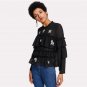 Flower Embroidered Layered Ruffle Top Black Round Neck Long Sleeve Button Plain Chiffon Blouse Women
