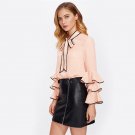 Bow Neck Wave Lace Trim Layered Flare Sleeve Blouse Autumn Women\'s Top Pink Band Collar Long Sleeve