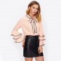Bow Neck Wave Lace Trim Layered Flare Sleeve Blouse Autumn Women\'s Top Pink Band Collar Long Sleeve